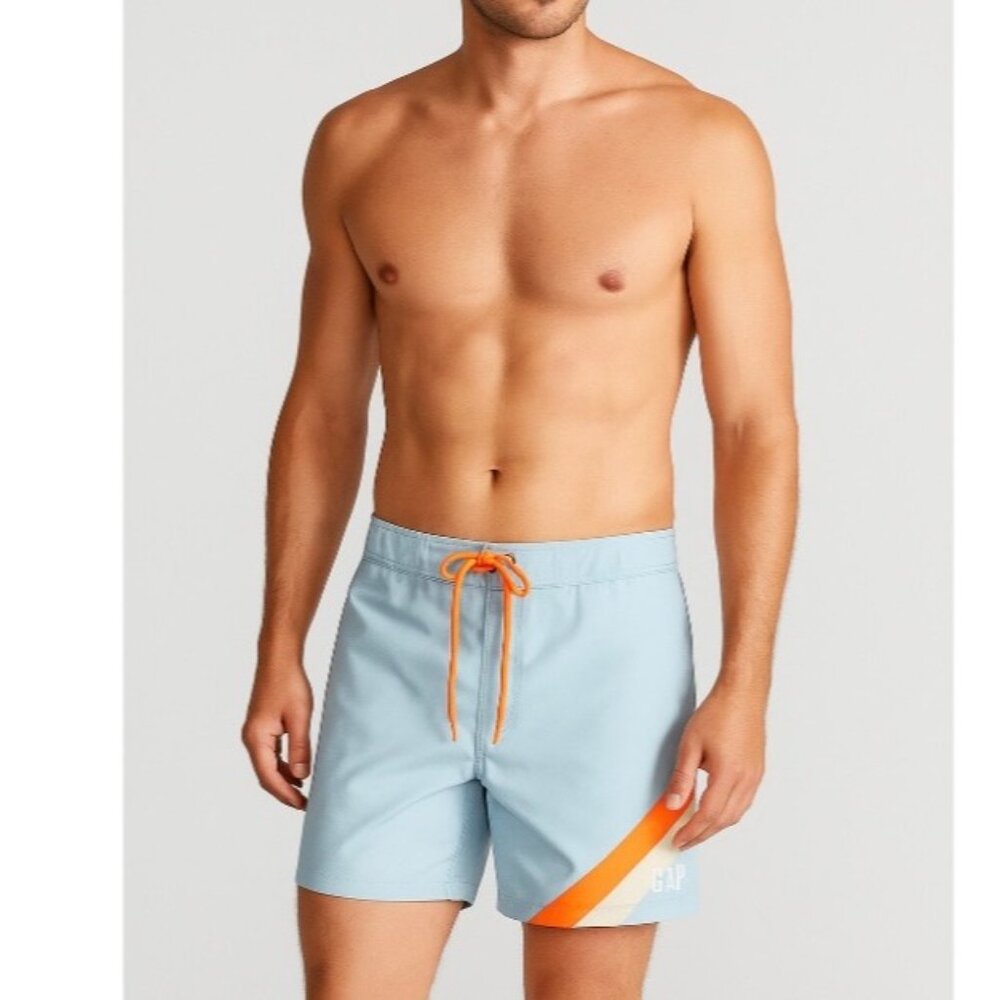 Gap Men’s Swim Trunks Size M Blue Board Shorts Orange Drawstring Quick Dry Logo
